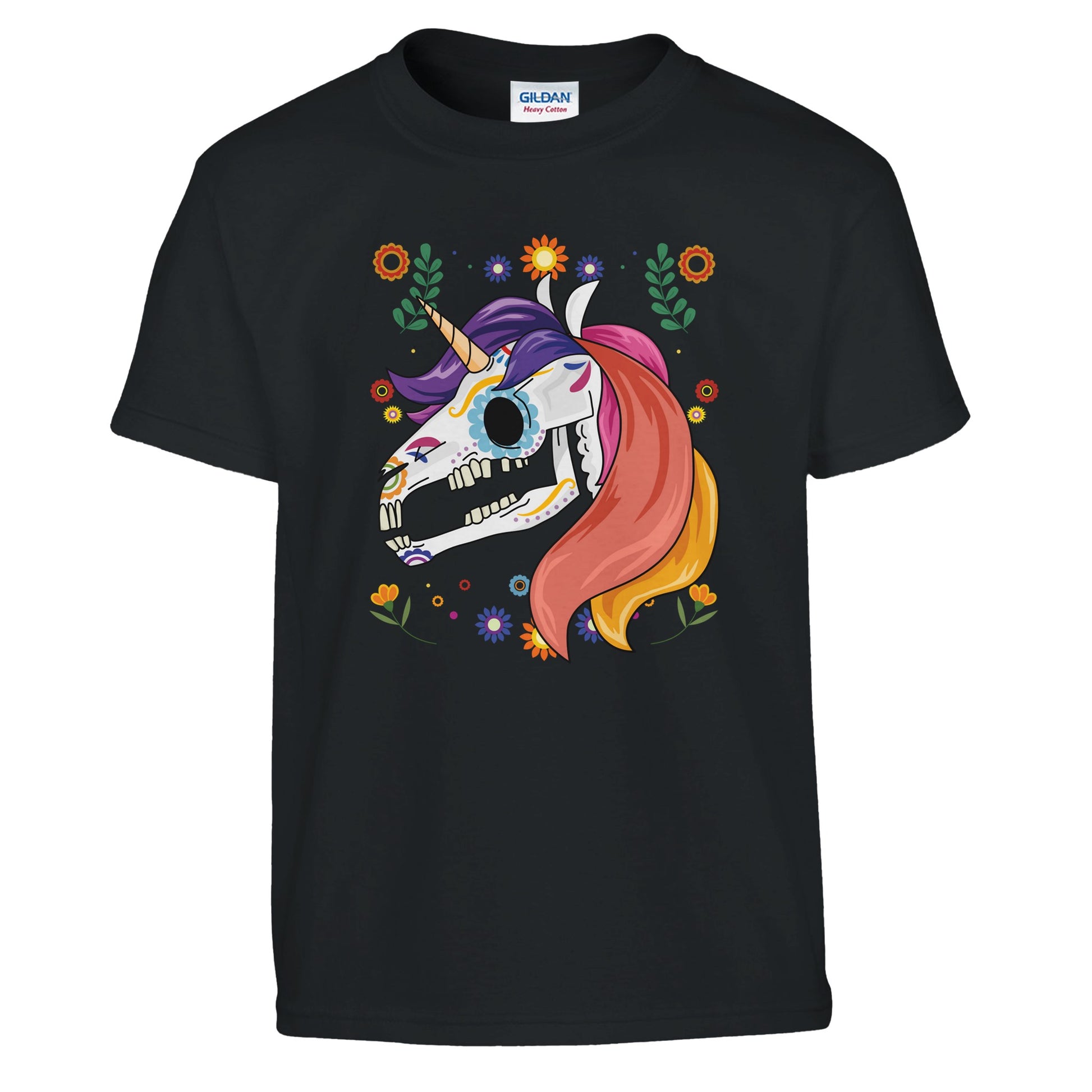 a black kids t-shirt with a colourful picture of a unicorn skull and flowers