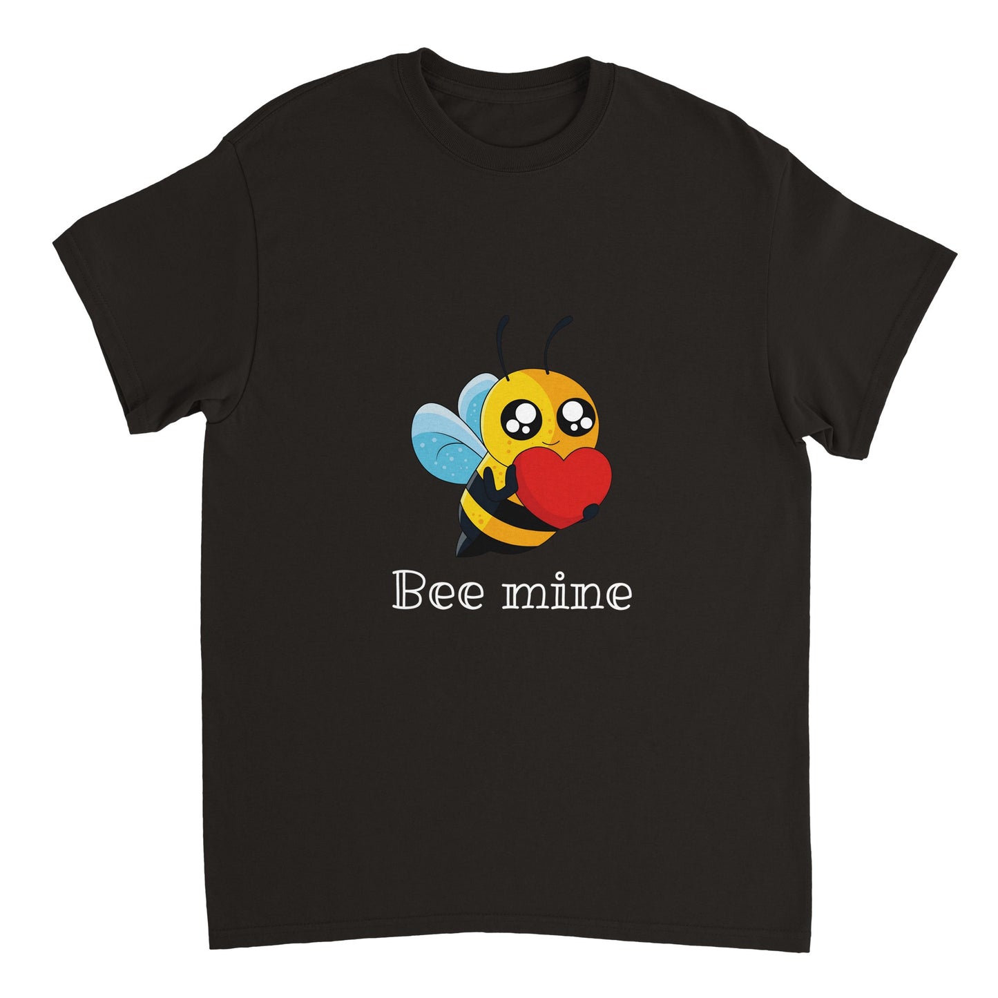 Black shirt with a picture of a bee holding a heart and the words "Bee mine" in white.