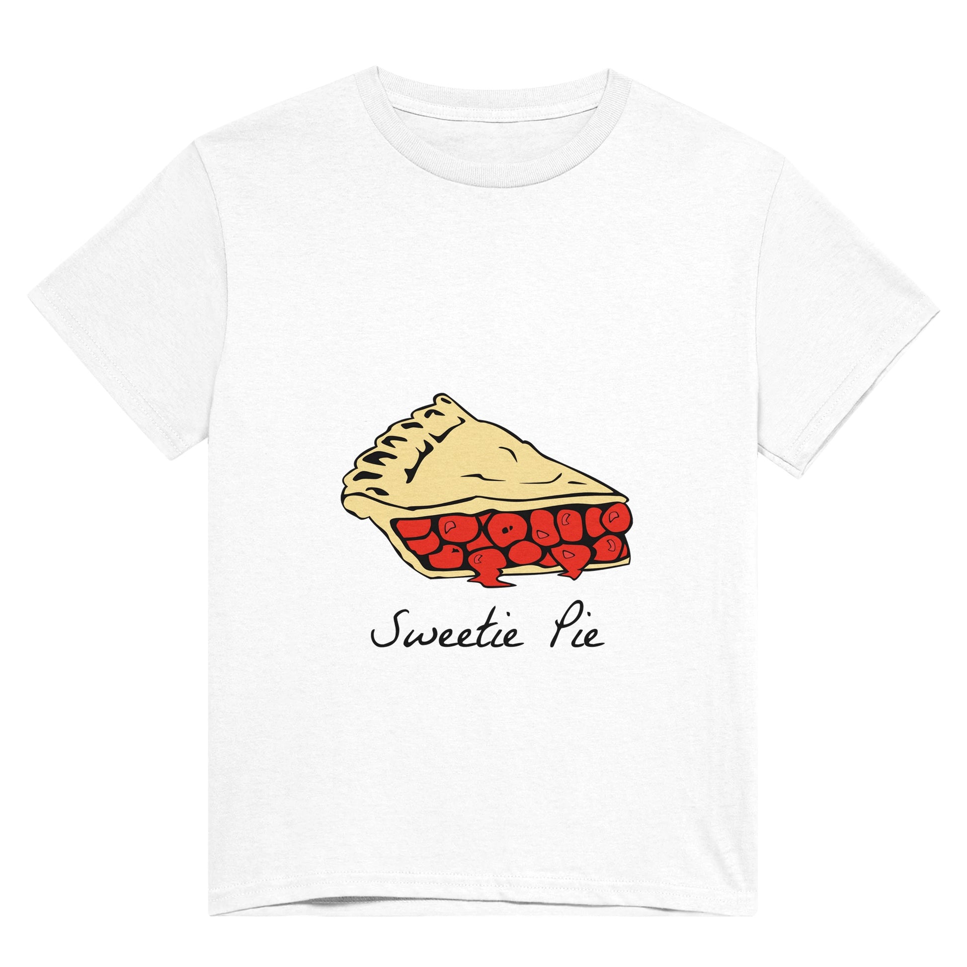 A white t shirt with black text saying, "Sweetie pie" and an image of a slice of red cherry pie.