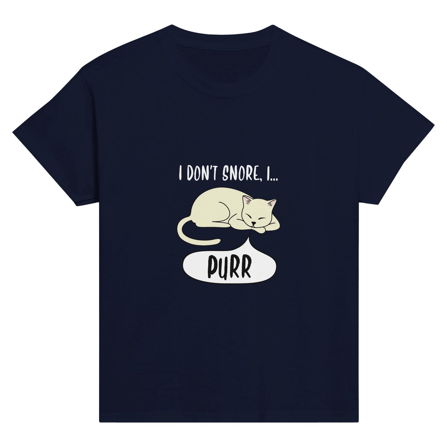 A navy blue shirt with the words, "I don't snore, I purr" and a picture of a sleeping cat on it.