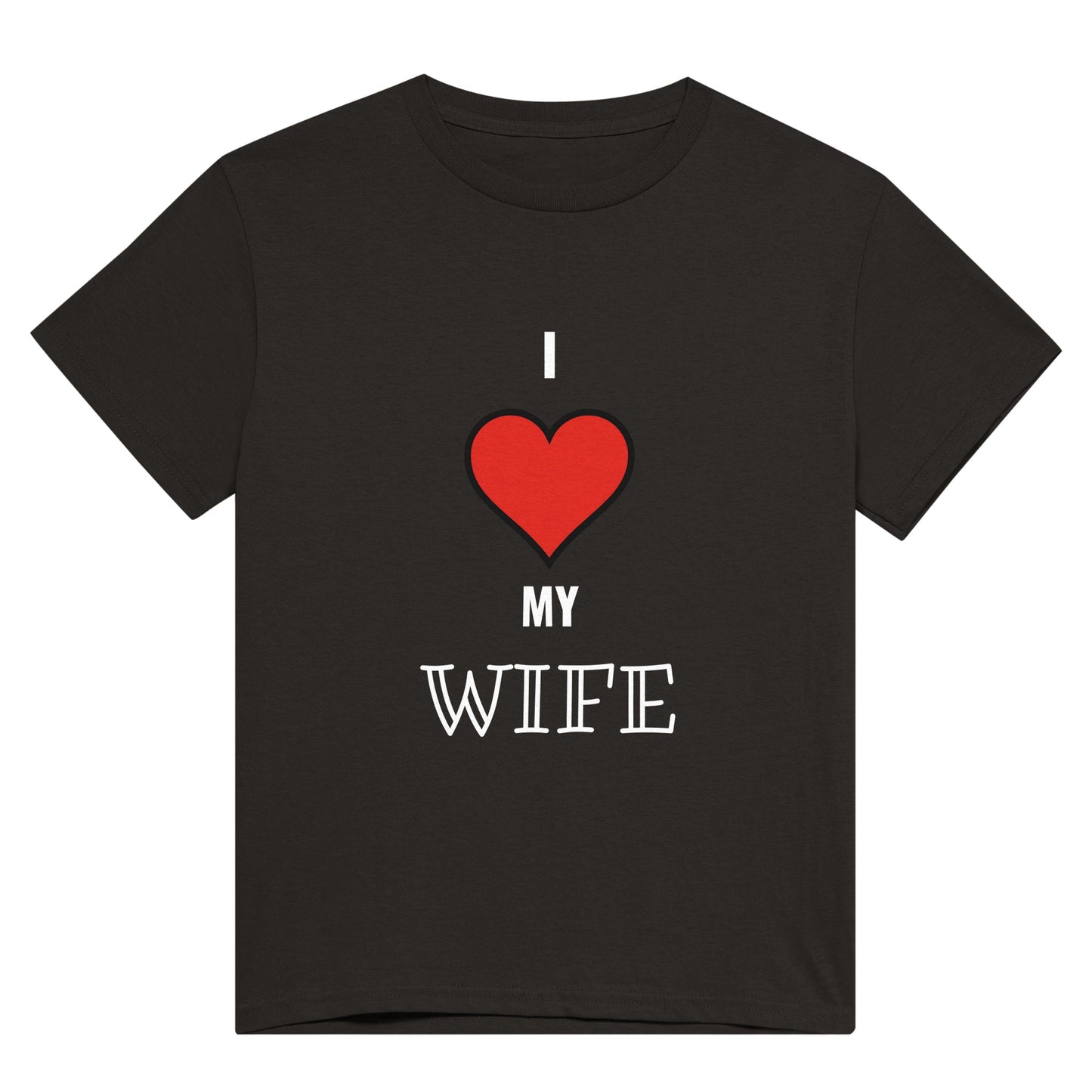 A black t shirt with the words "I 'heart' my wife" in white text