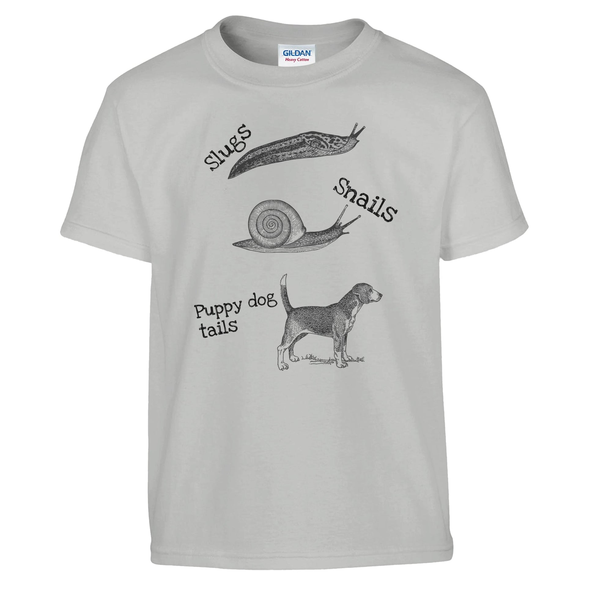 A kids t-shirt with a picture of a slug, snail and dog printed on the front, the shirt is ash coloured