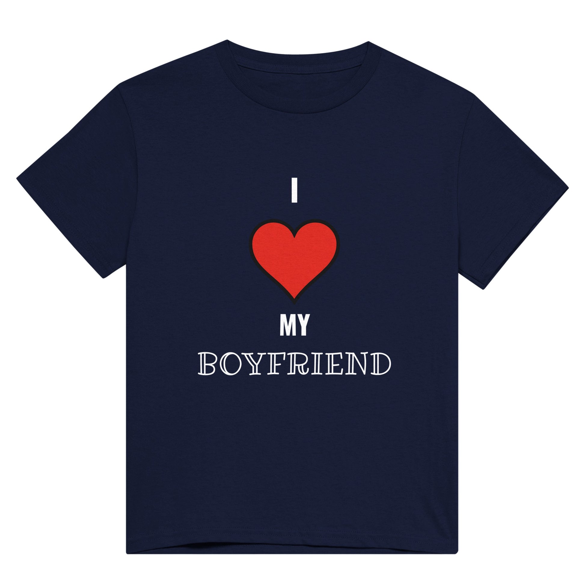 A navy blue t shirt with the words "I 'heart' my boyfriend" in white text