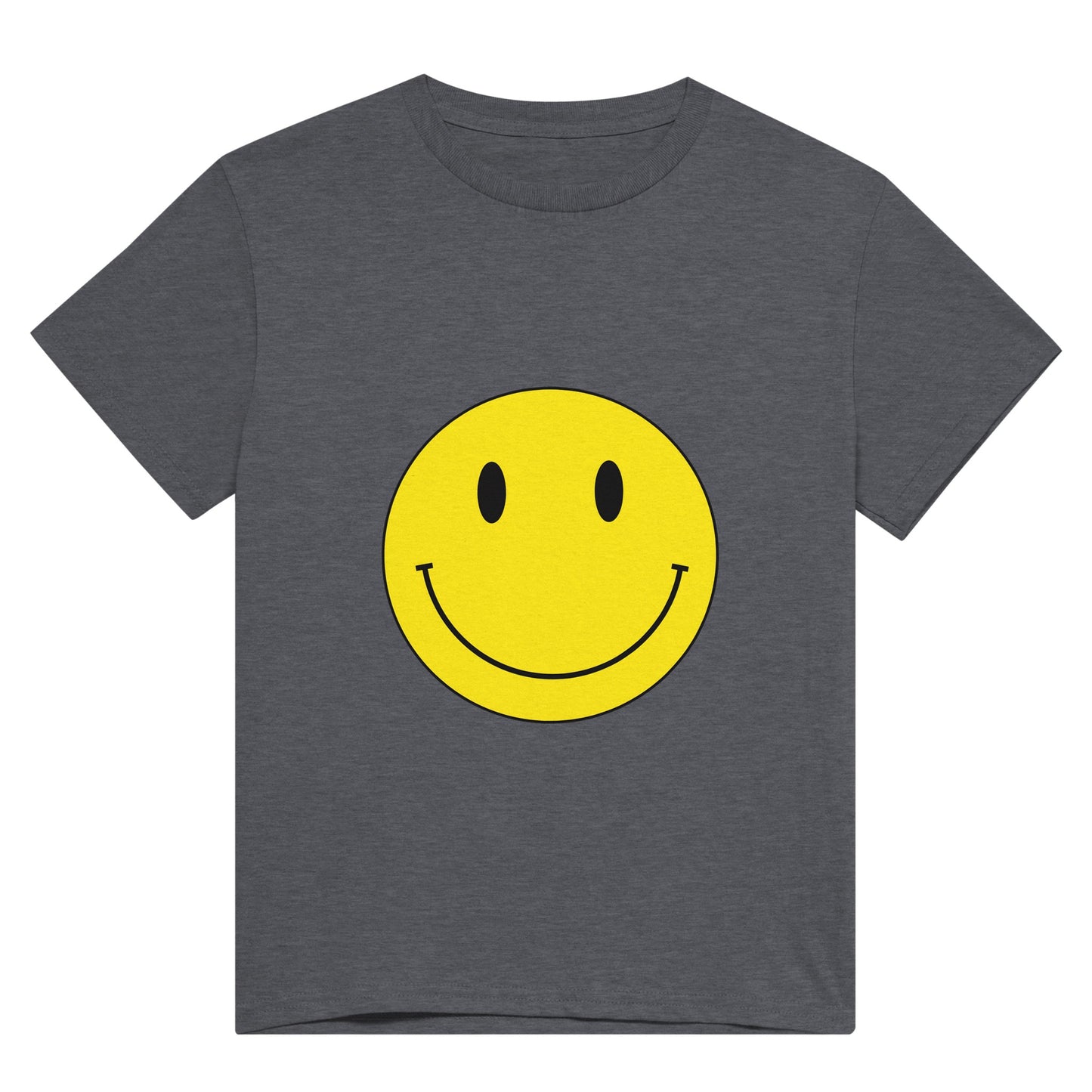 A dark grey t shirt with a bright yellow smiley face.