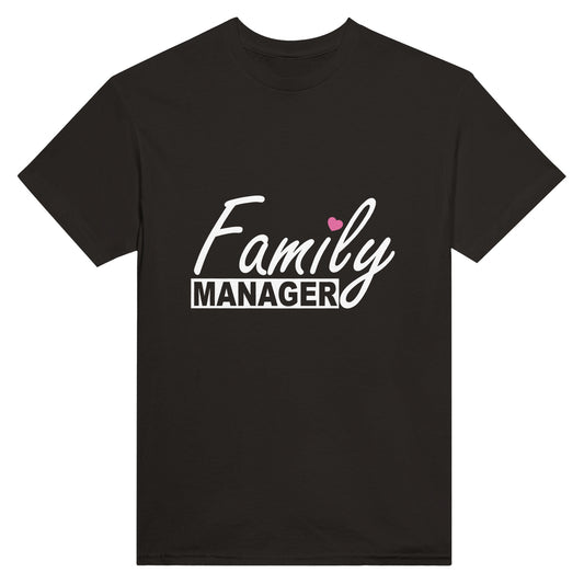 Black t shirt with the words "family manager" in white, where the letter "i" in family is dotted with a small pink heart.