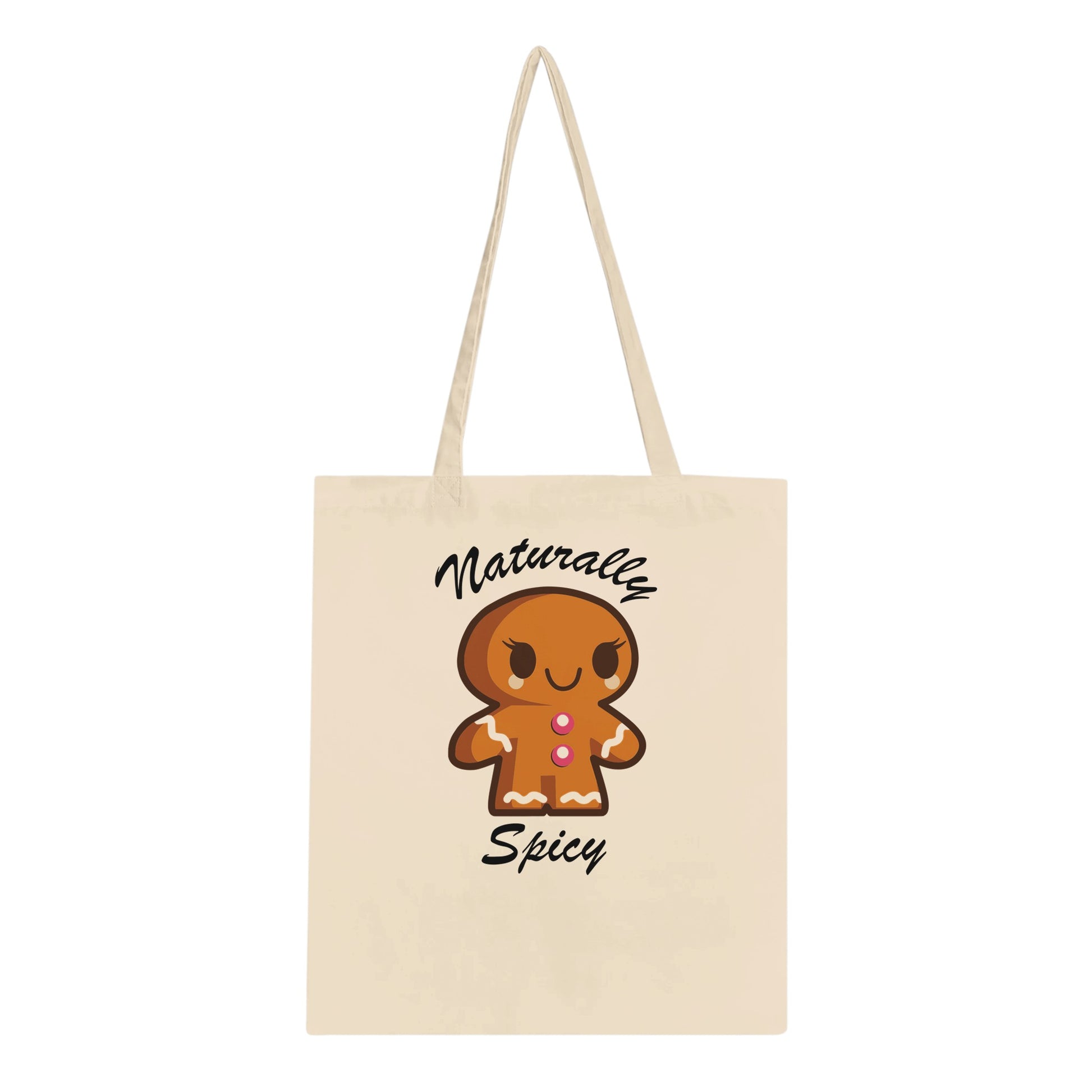 A tote bag with a picture of a gingerbread girl and the text, "naturally spicy".