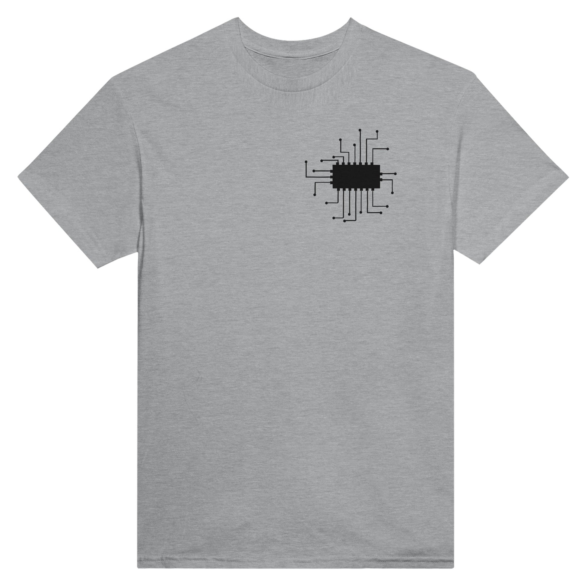 Grey t-shirt with a picture of a microchip with wires of a circuit connected to it