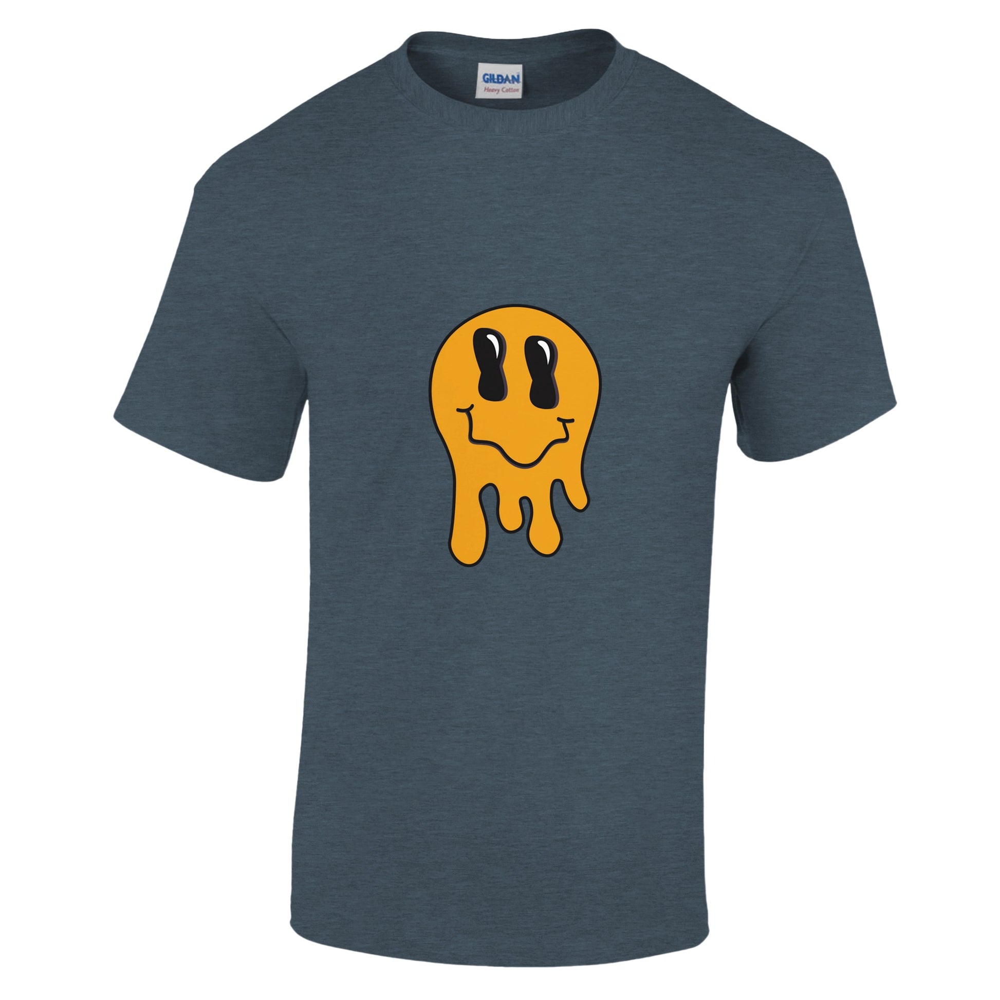 a grey mens t-shirt with a yellow melting smiley face