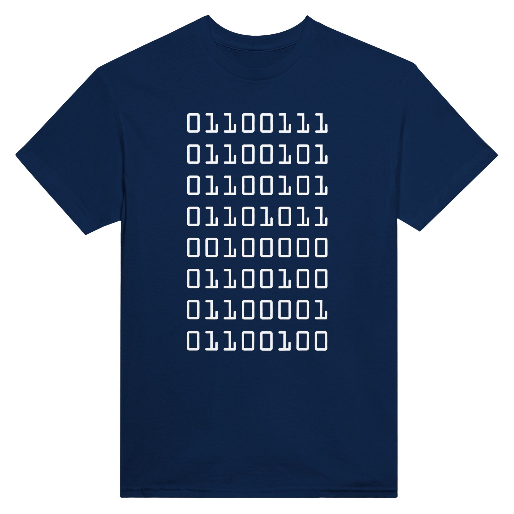 Navy blue t-shirt with binary code spelling out "geek dad" in white