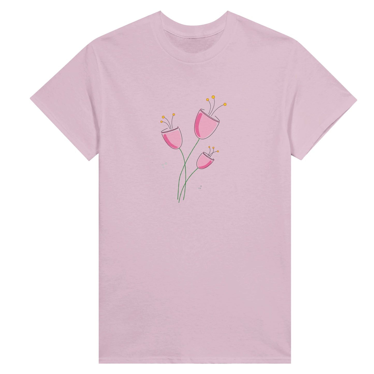 a pink womens t-shirt with simple pink flowers