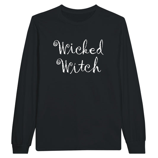 A black long sleeved t shirt for women with the quirky and curly text, "Wicked Witch" with a star and moon.