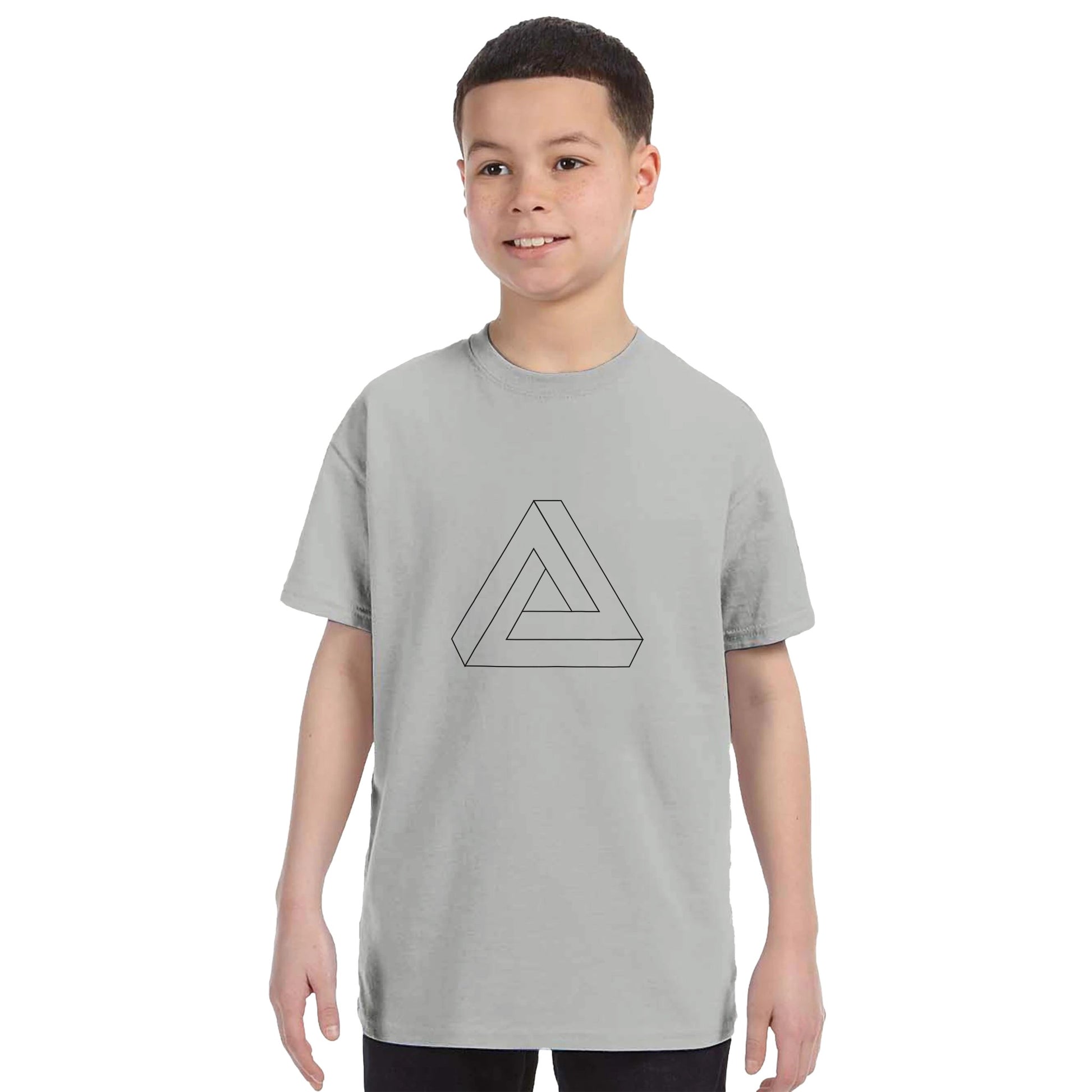 an ash coloured shirt with the line drawing of an impossible triangle being worn by a child