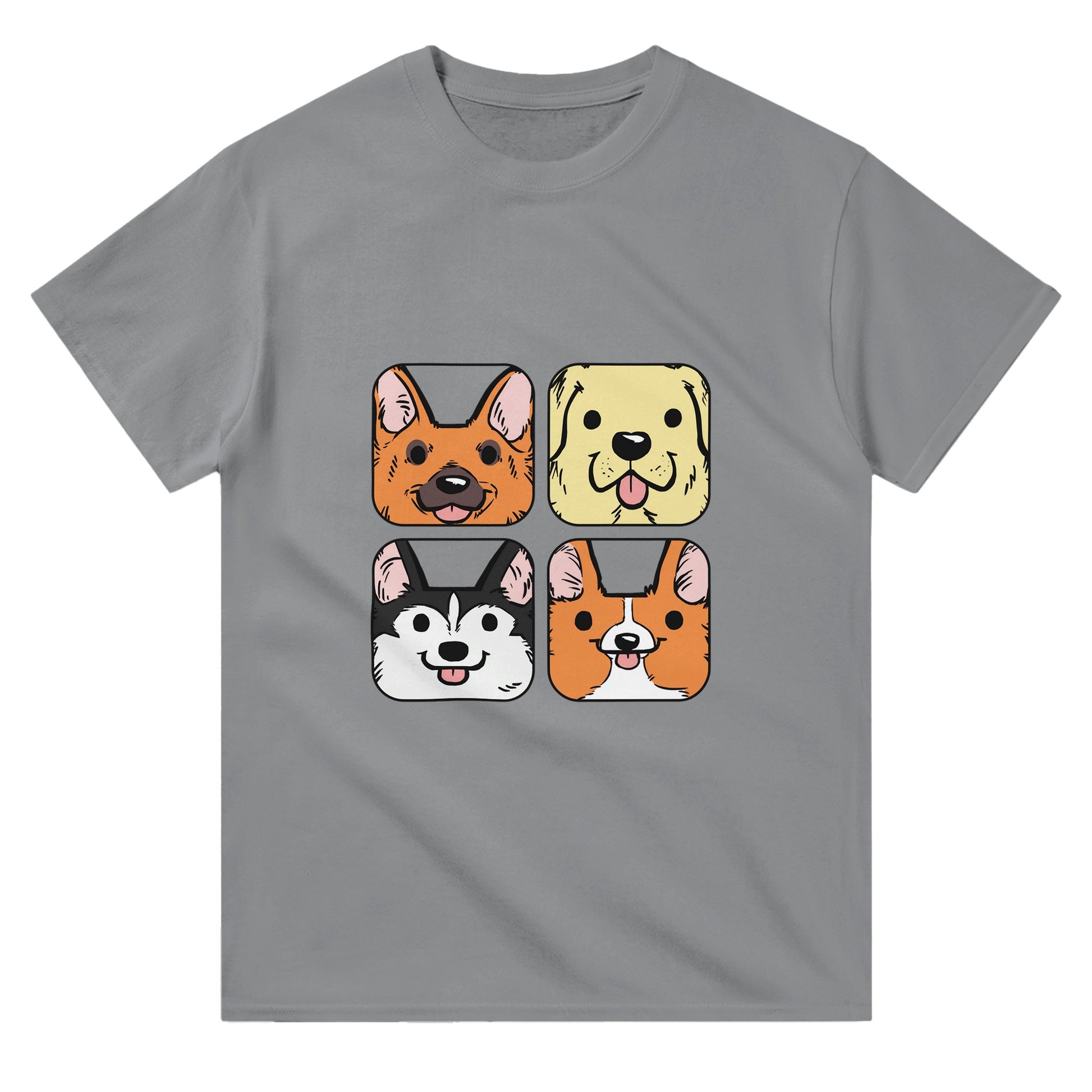 Light grey t-shirt with german shepherd, labrador, husky and corgi dog faces