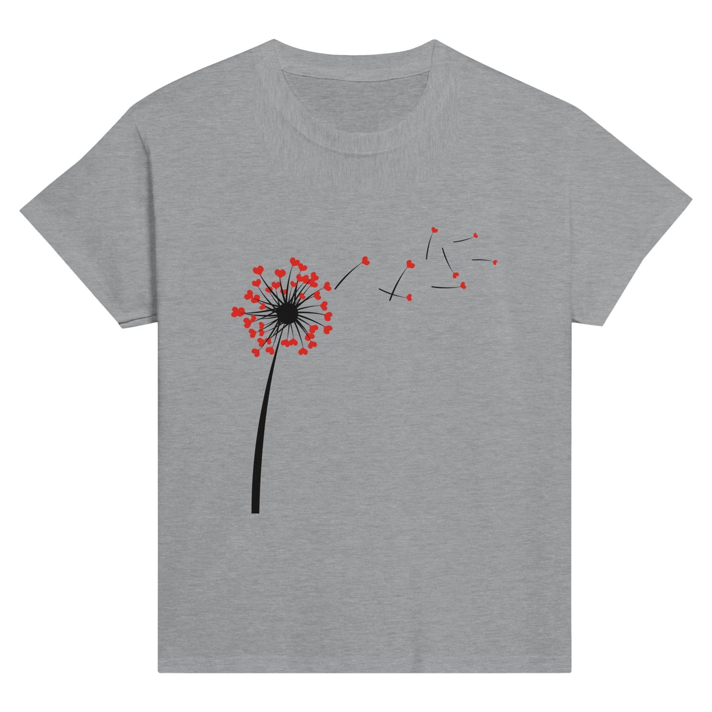 Child's grey t-shirt with heart dandelion seeds being blown into the wind.