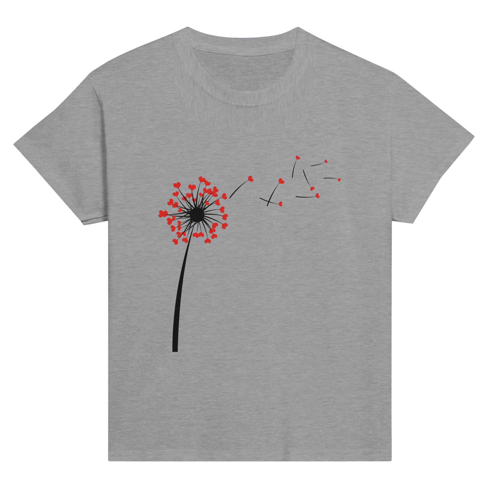 Child's grey t-shirt with heart dandelion seeds being blown into the wind.