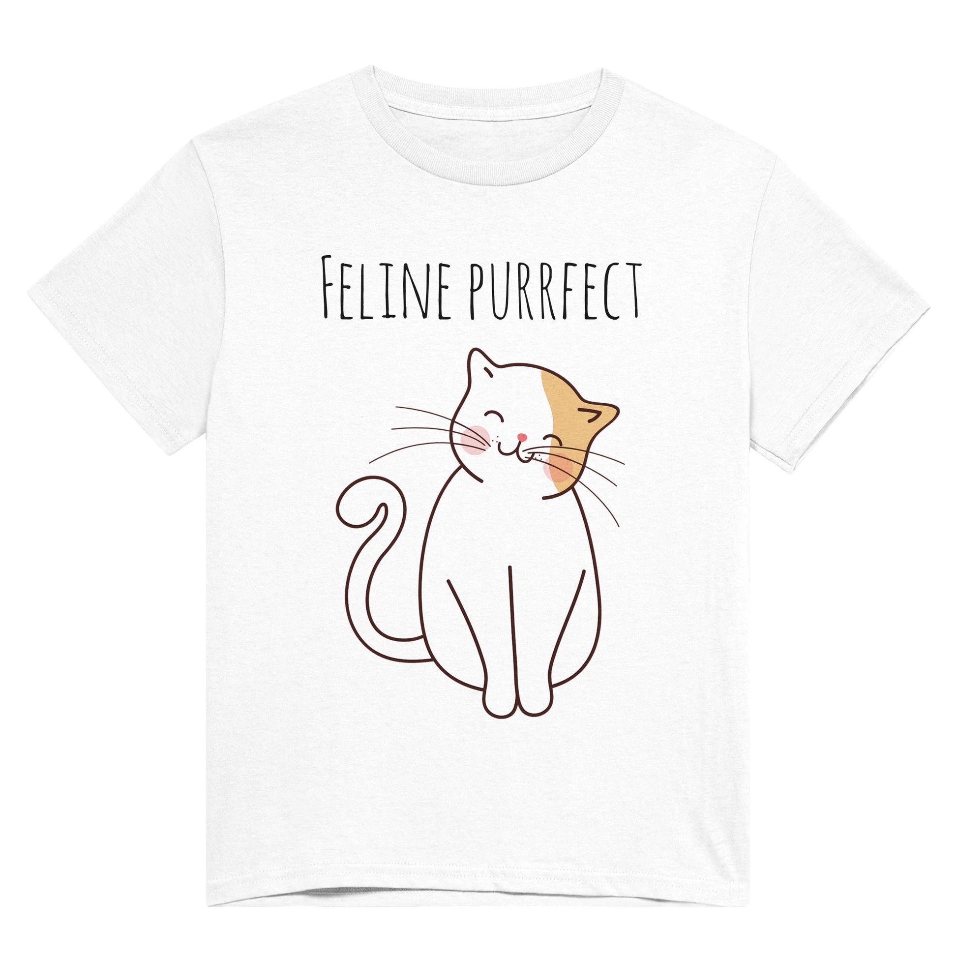 A white t shirt with the words "Feline purrfect" in black and a picture of a white and light brown cat smiling and sitting happily.