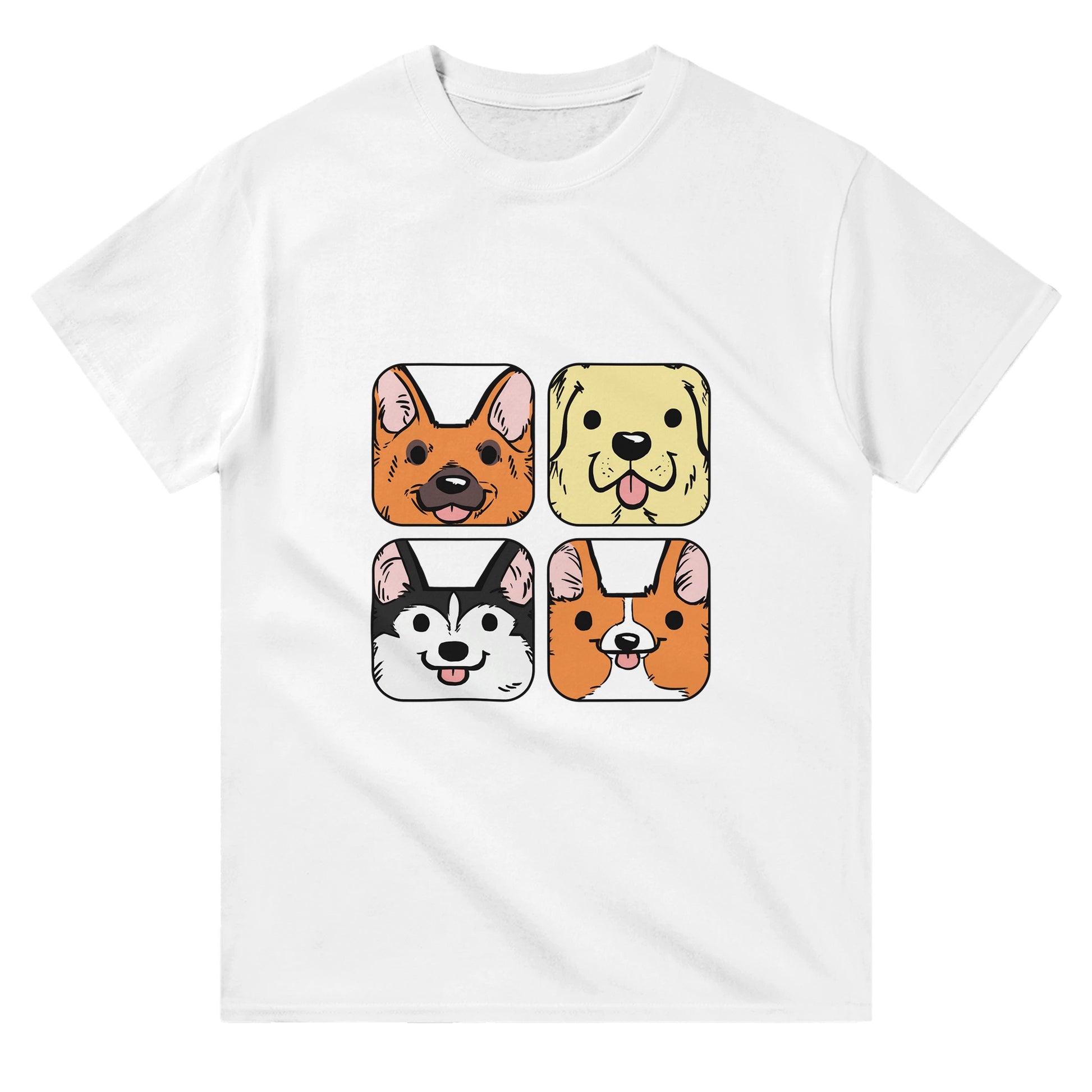 White t-shirt with german shepherd, labrador, husky and corgi dog faces