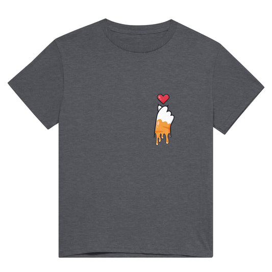 Dark grey shirt with the picture of a melting or dripping ginger and white cat paw with a red heart above it in the upper right corner of the shirt..