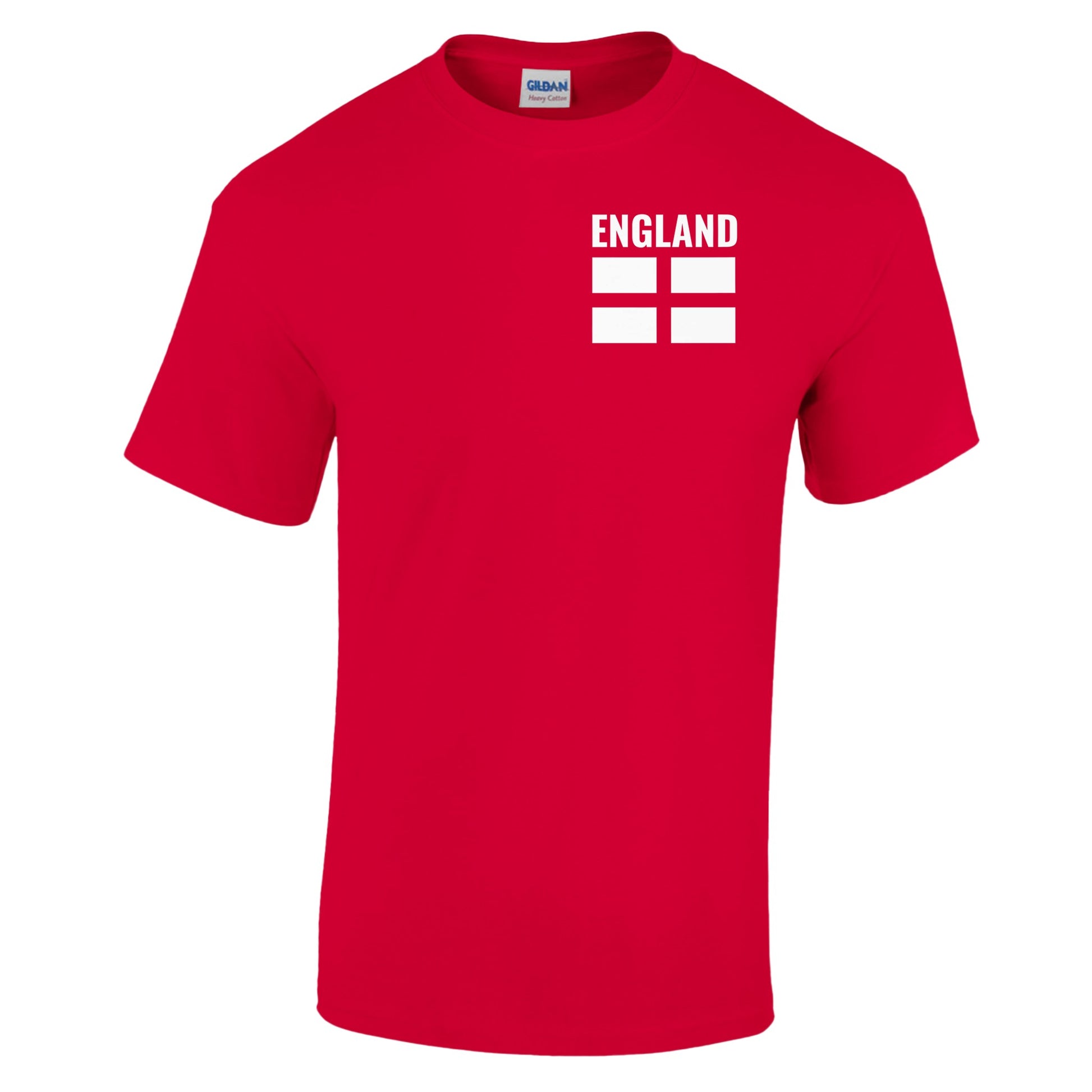 a red football t-shirt with England printed in the top corner and the England flag