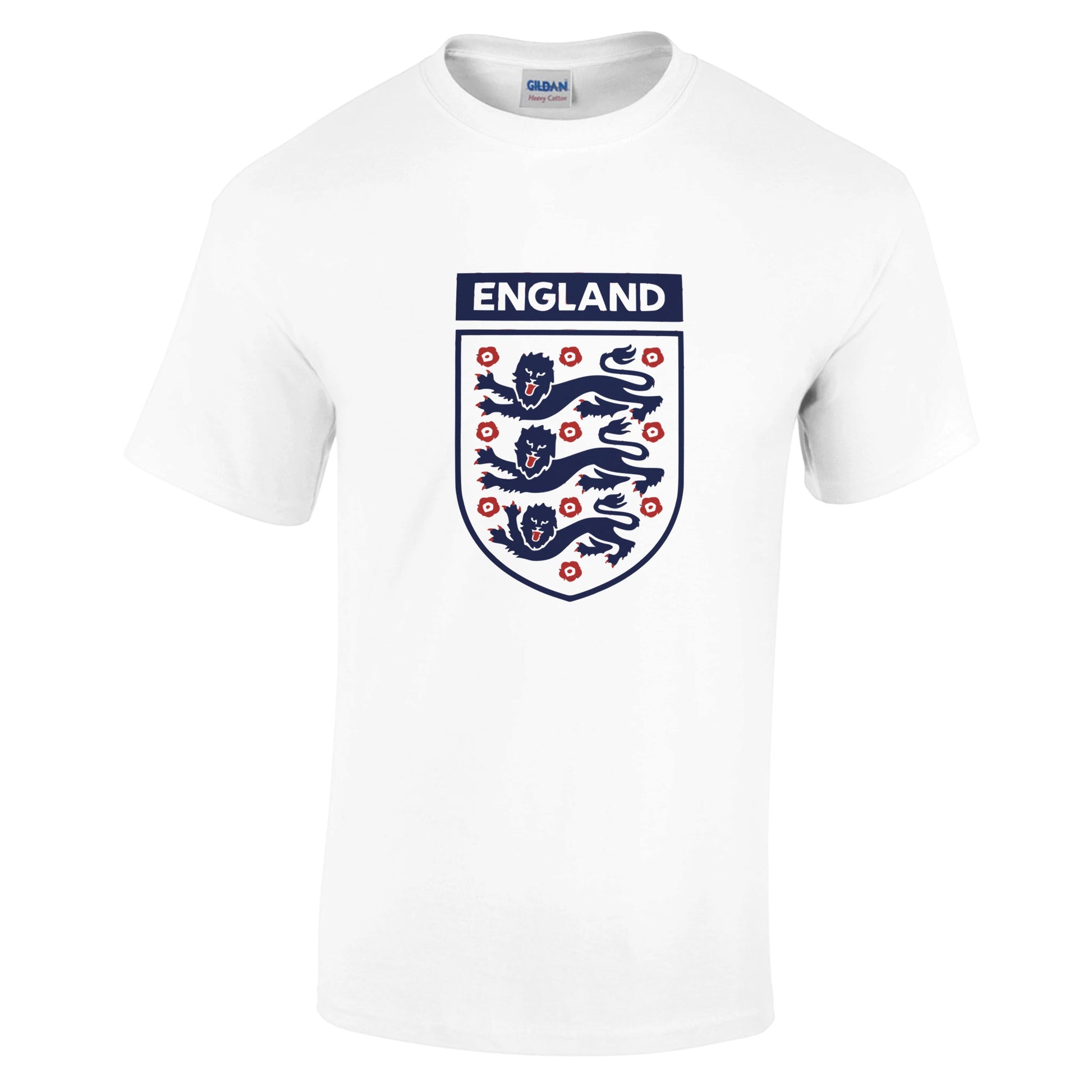 a white football t-shirt with England written on the top and a shield with 3 lions