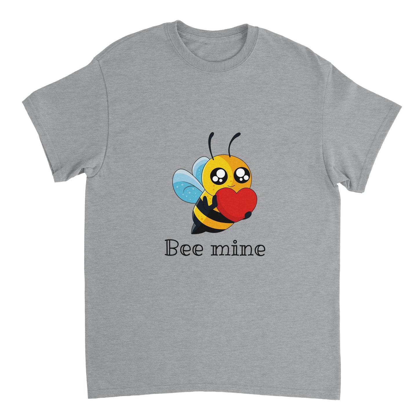 Grey shirt with a picture of a bee holding a heart and the words "Bee mine" in black.