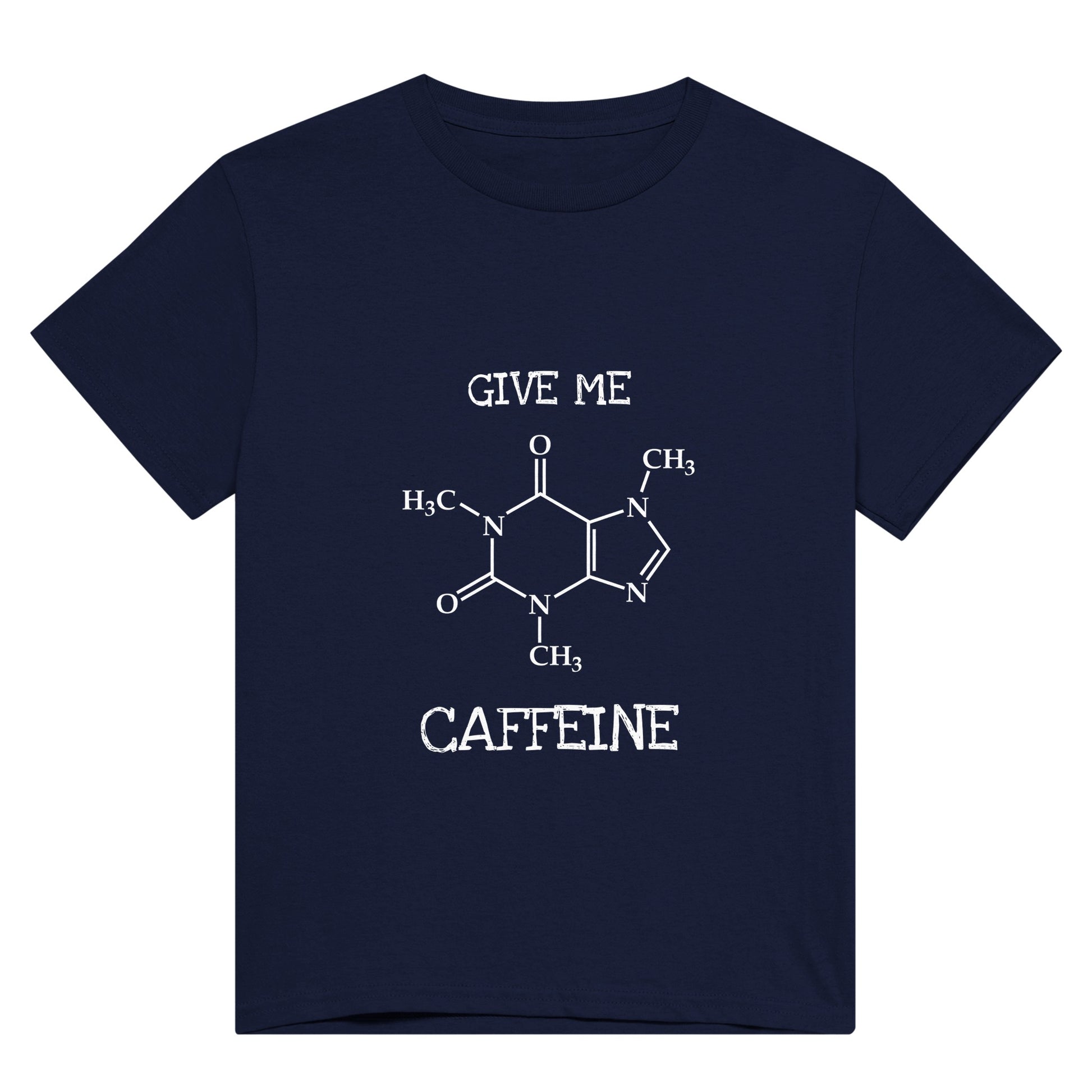 A Blnavy blue t shirt with the words "Give me caffeine" and a picture of the displayed formula of a caffeine molecule in white