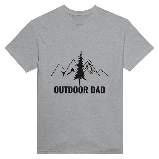 A grey t-shirt with a picture of mountains and a tree and the words "outdoor dad"