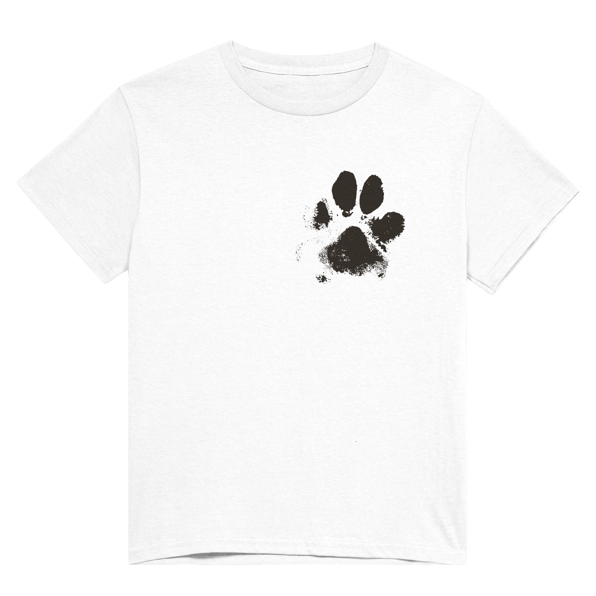 White t shirt with the black print of a dog paw over the upper right side of the shirt.