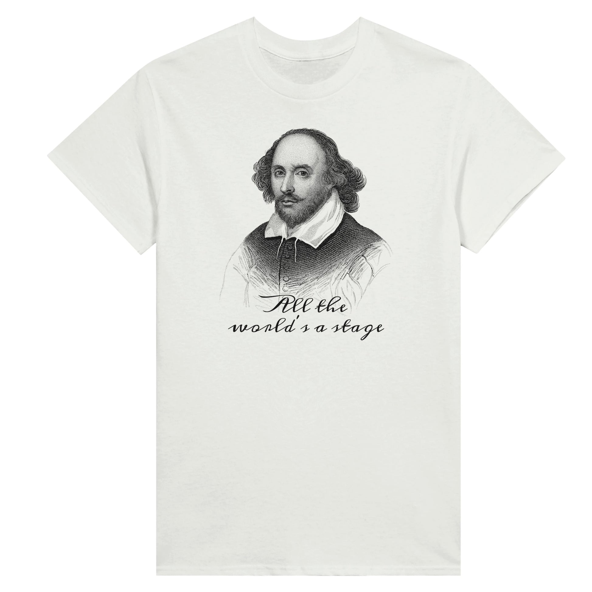 White woman's t-shirt with a picture of shakespeare and the text "all the world's a stage" printed on it