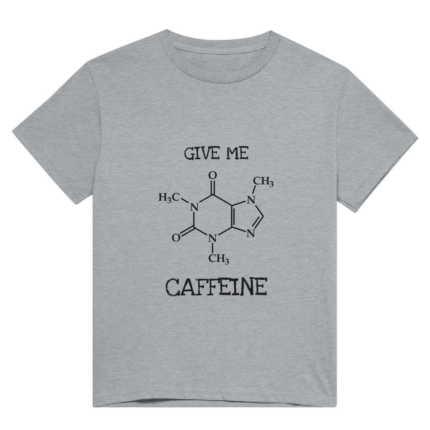 A light grey t shirt with the words "Give me caffeine" and a picture of the displayed formula of a caffeine molecule in black