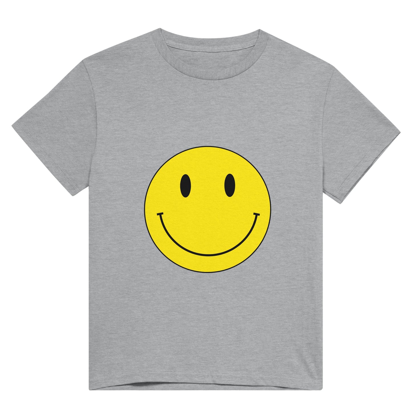 A light grey t shirt with a bright yellow smiley face.