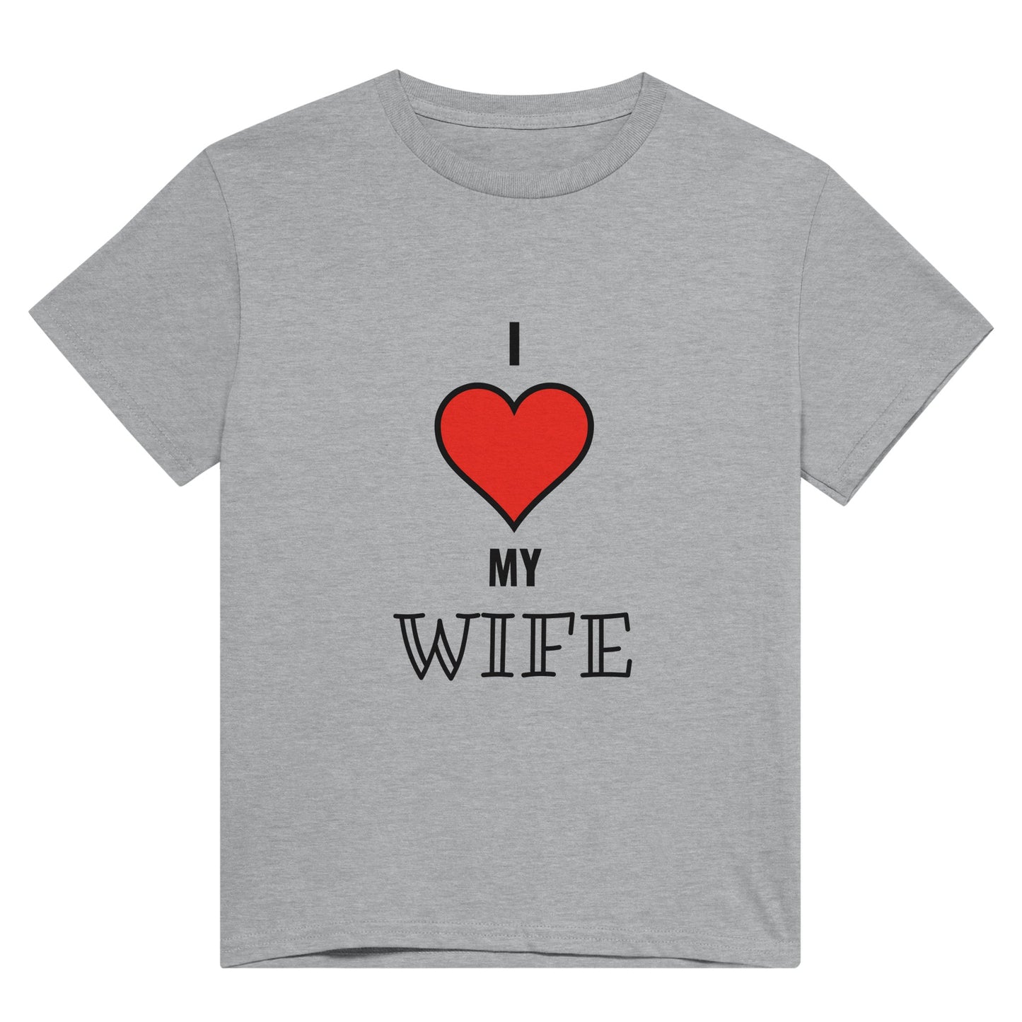 A light grey t shirt with the words "I 'heart' my wife" in black text