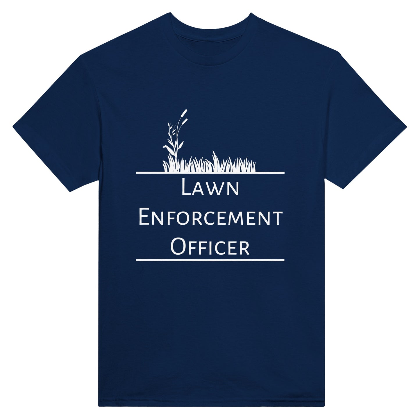 Navy blue t-shirt with the text "lawn enforcement officer" printed on it