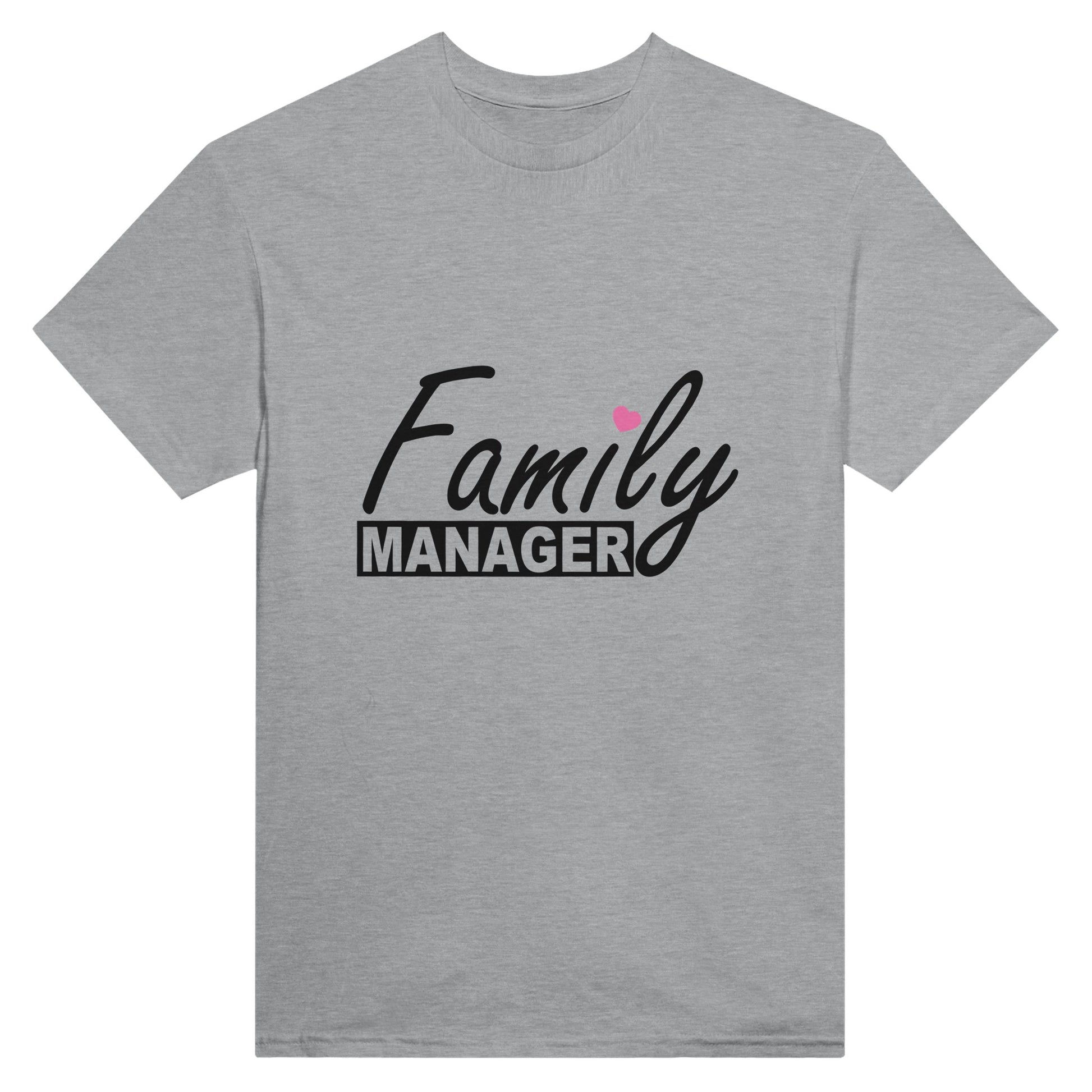 Light grey t shirt with the words "family manager" in black, where the letter "i" in family is dotted with a small pink heart.