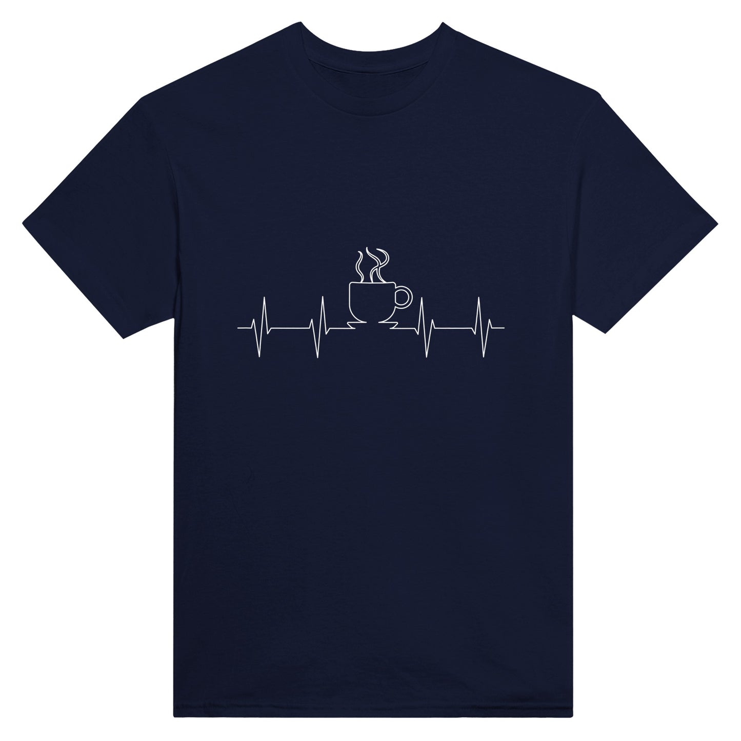 Navy blue shirt with white line art depicting a cardiogram with the shape of a steaming cup of coffee or tea on it.