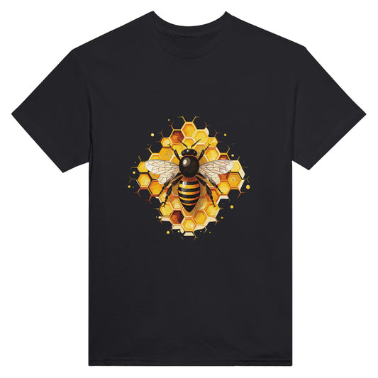 Black t-shirt with a picture of a honeybee on honeycomb