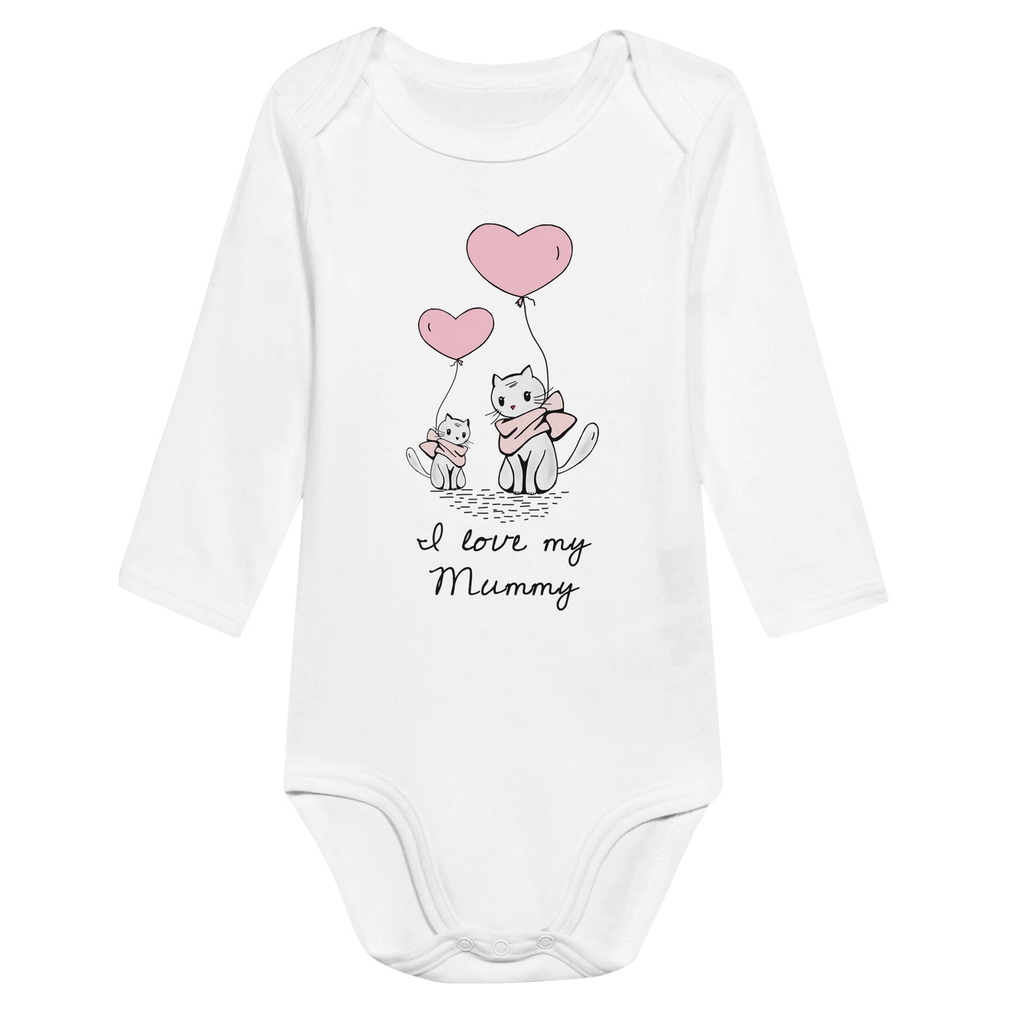 A white baby bodysuit or romper with the words, "I love my Mummy" and an image of a mother cat and baby kitten with pink heart shaped balloons.