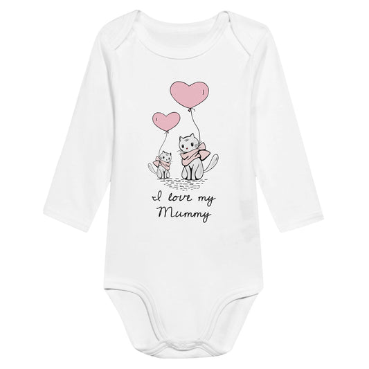 A white baby bodysuit or romper with the words, "I love my Mummy" and an image of a mother cat and baby kitten with pink heart shaped balloons.