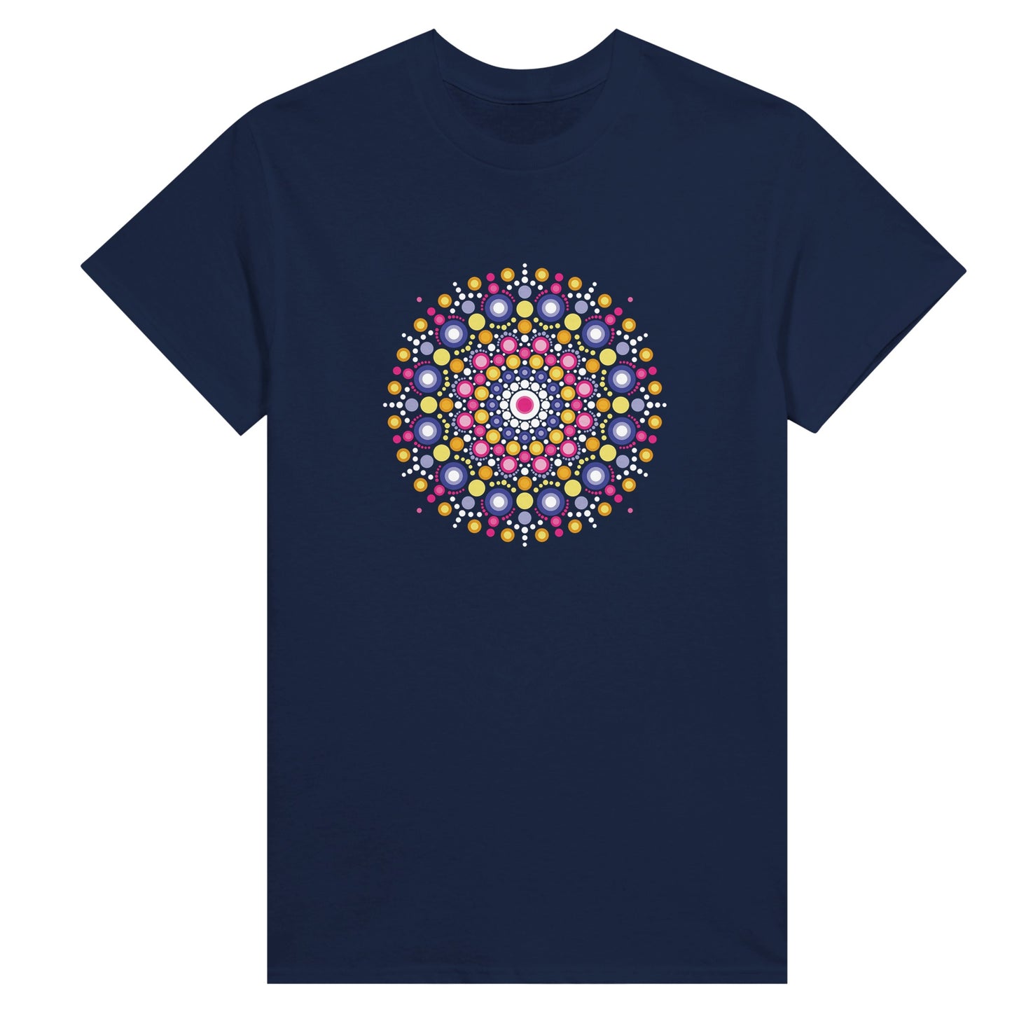 A navy blue womens tee shirt with a colourful mandala made of dots printed on it