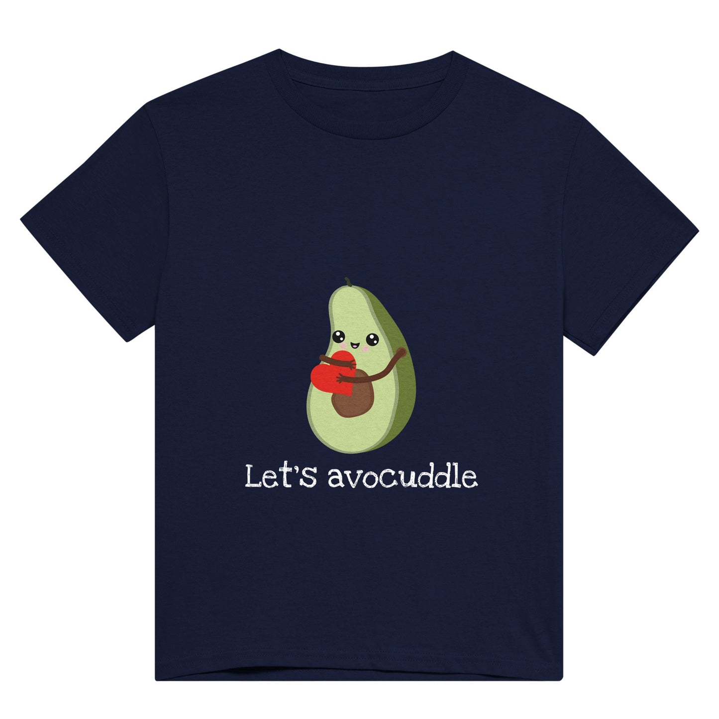 A navy blue t shirt with the pun, "Let's avocuddle" in white and a picture of a cute avocado cuddling a heart.