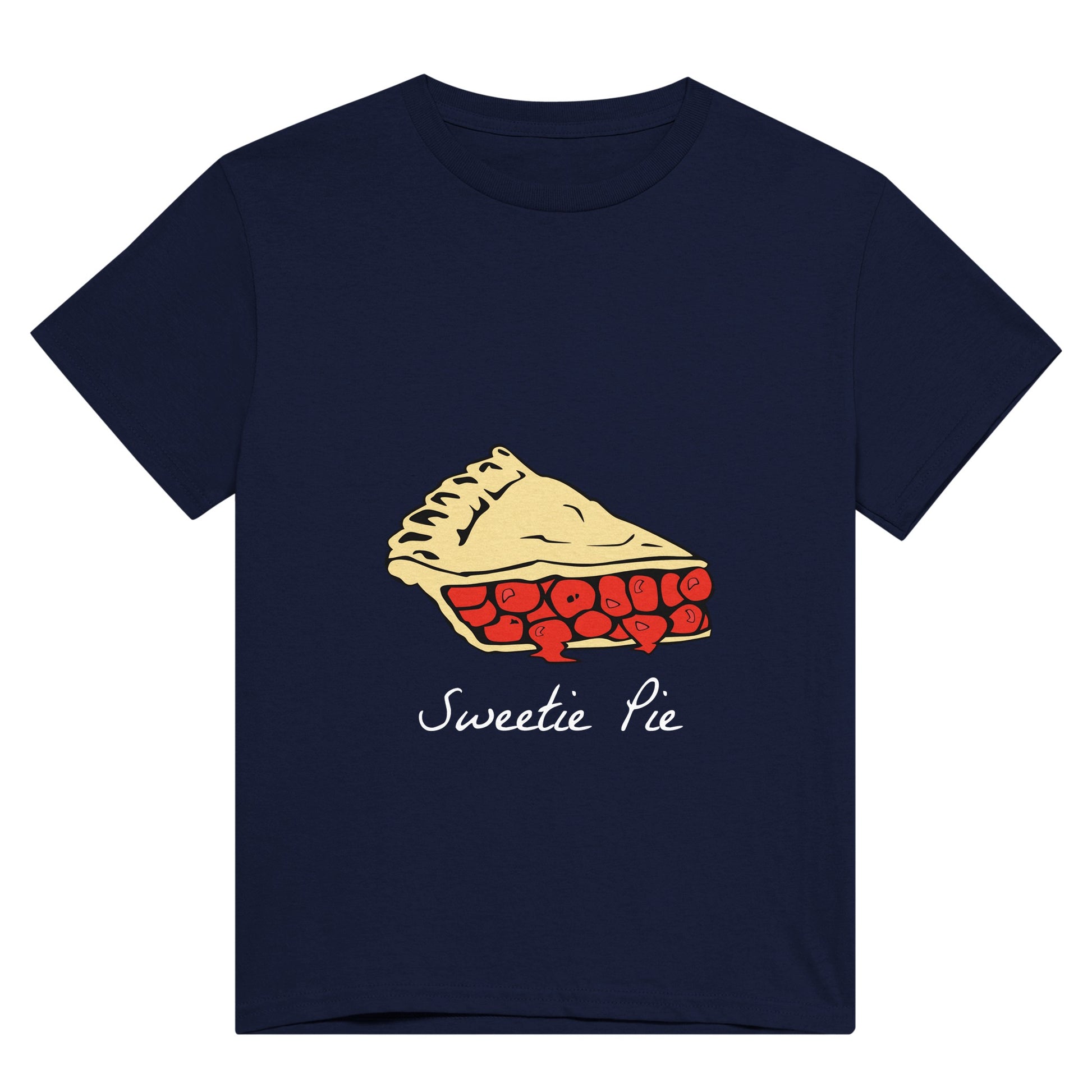 A navy blue t shirt with white text saying, "Sweetie pie" and an image of a slice of red cherry pie.