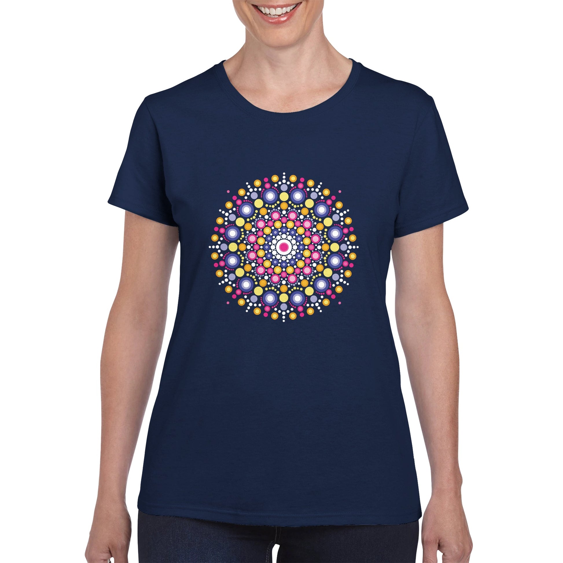 A navy blue womens tee shirt worn by a woman with a colourful mandala made of dots printed on it