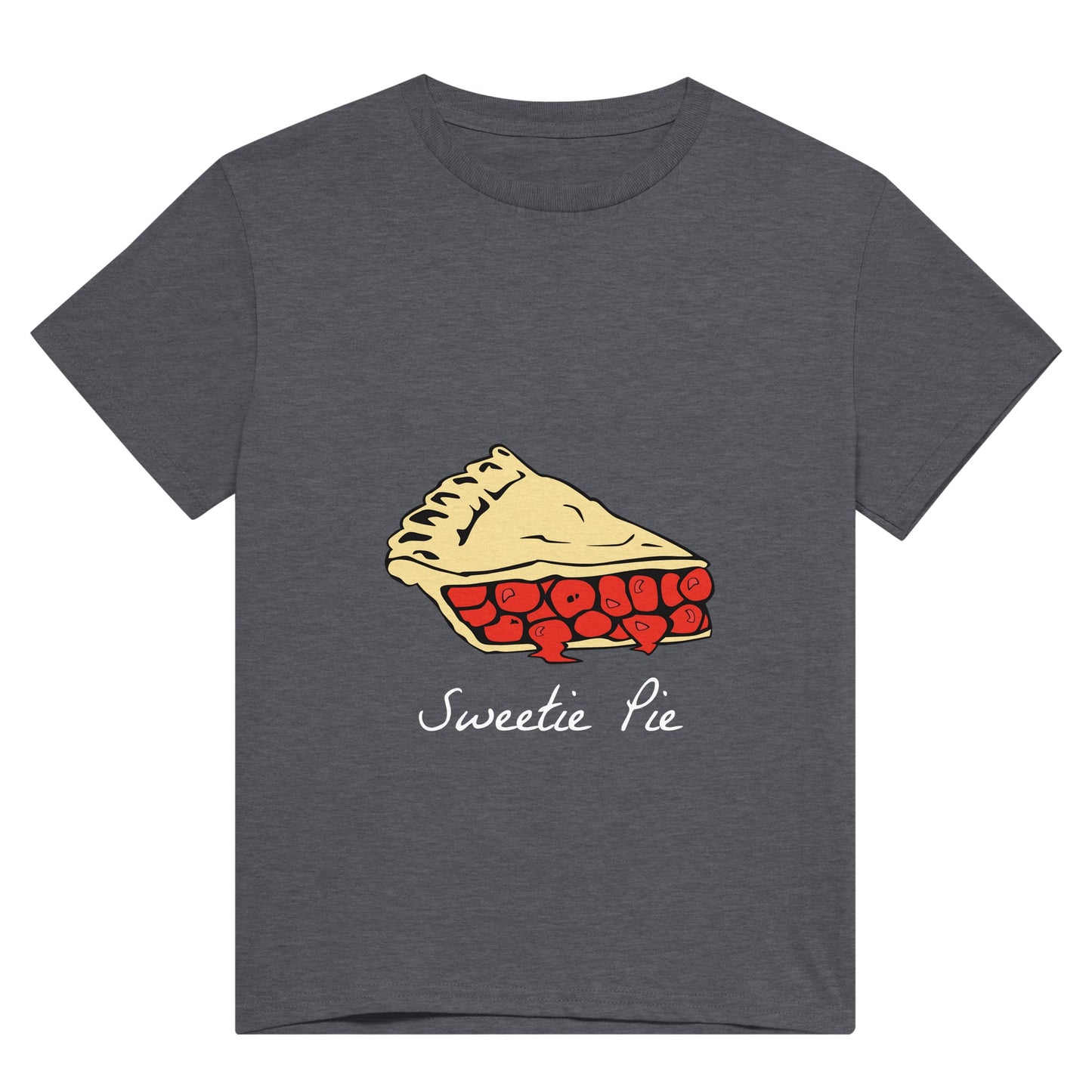 A dark grey t shirt with white text saying, "Sweetie pie" and an image of a slice of red cherry pie.