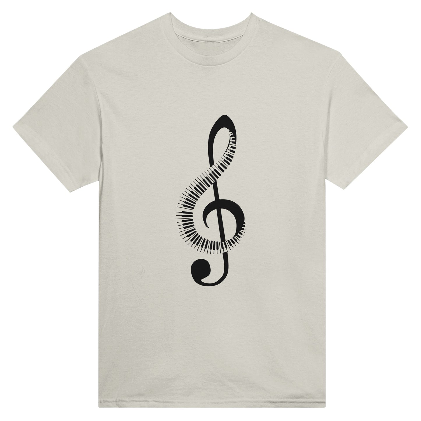 Off-white t-shirt with a picture of a treble cleff made partly of piano keys