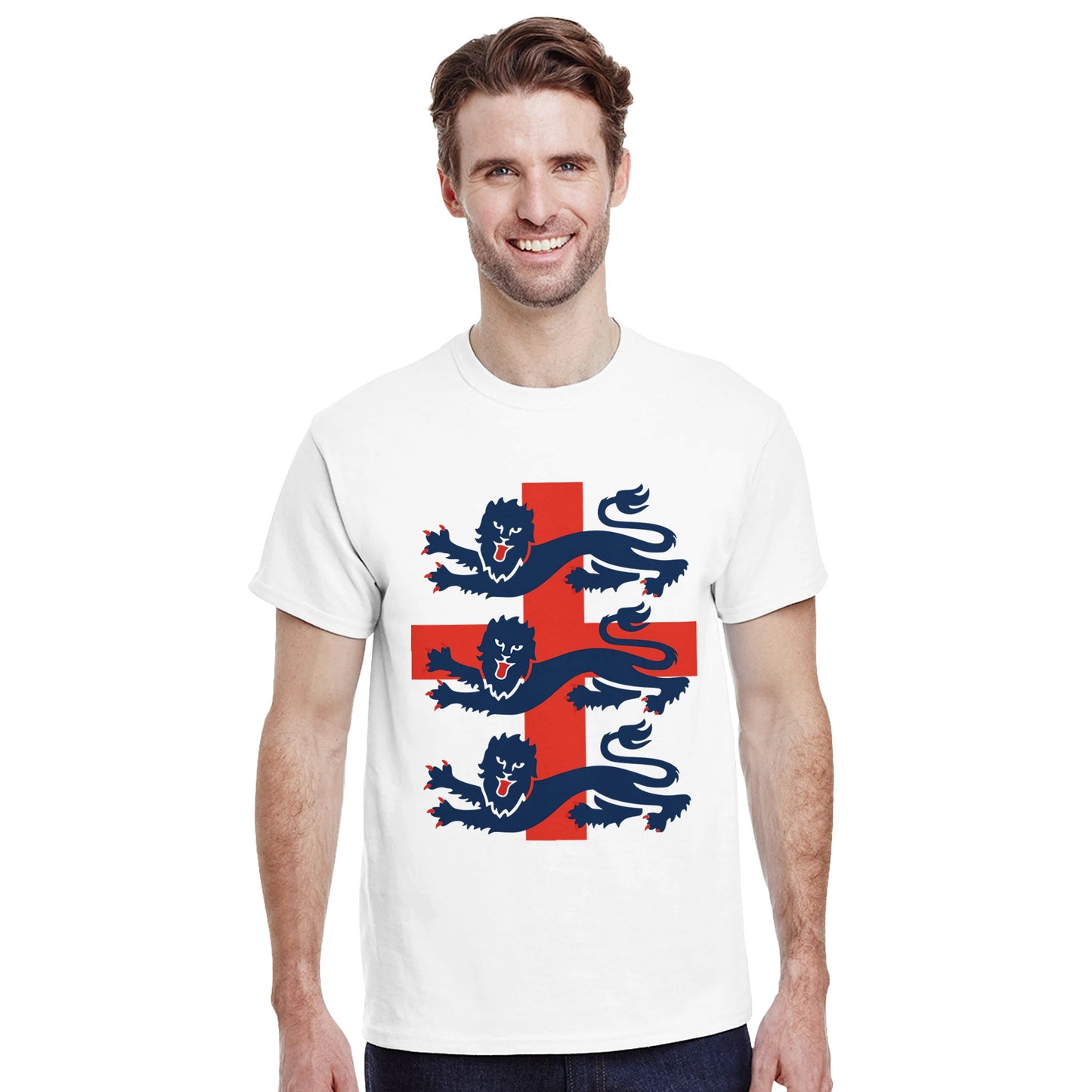 a white football t-shirt with the red cross of St. George with 3 lions worn by a man