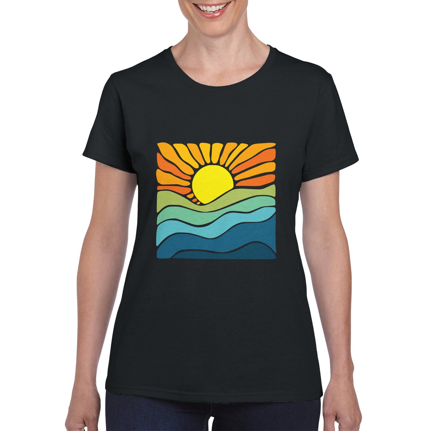 a black womens t-shirt being worn by a woman with an abstract and colourful sunset