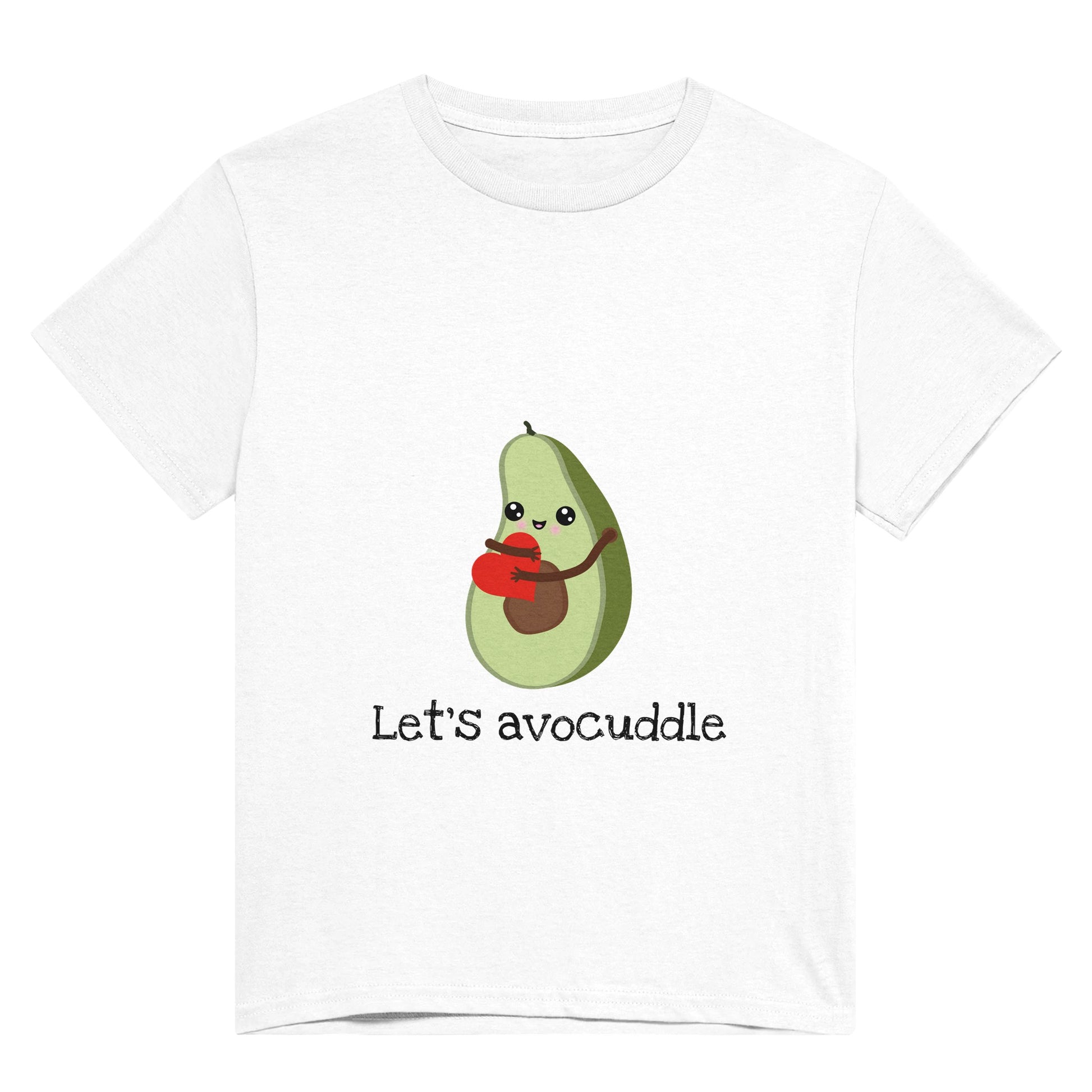 A white t shirt with the pun, "Let's avocuddle" in black and a picture of a cute avocado cuddling a heart.