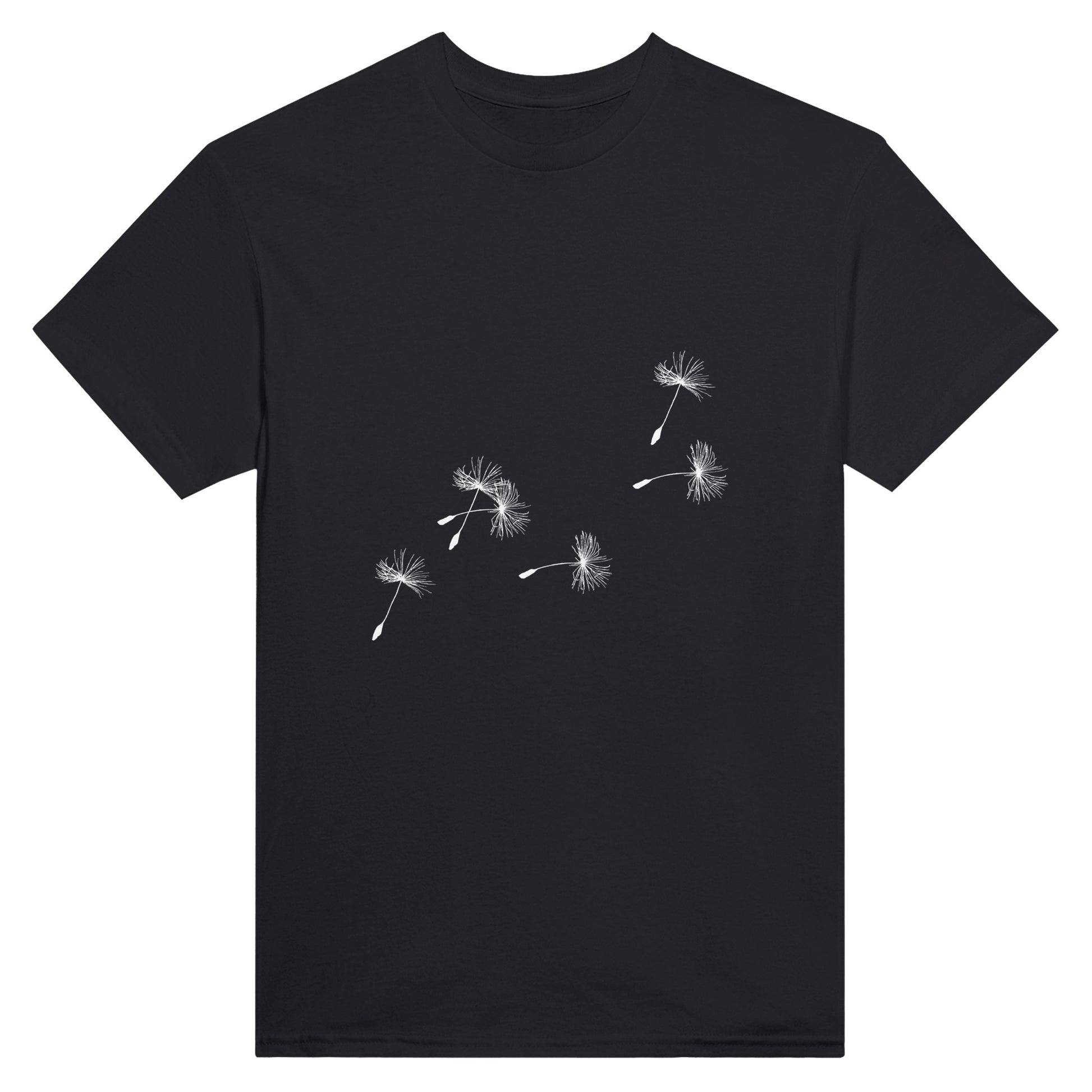 Woman's black t-shirt with the silhouette of dandelion seeds in white