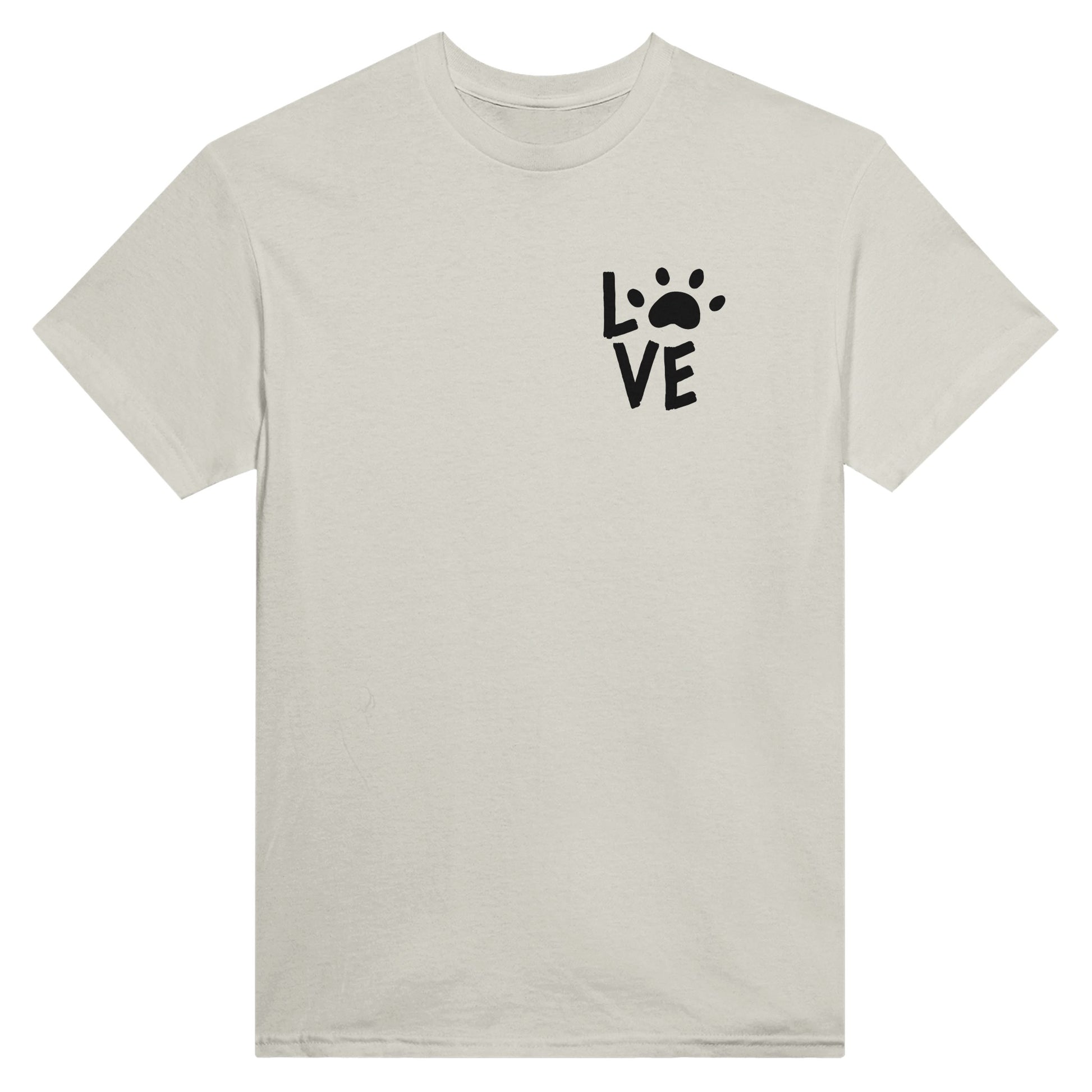 Off white t-shirt with the word "love" in the top right corner and the letter "o" is replaced with an animal paw print.