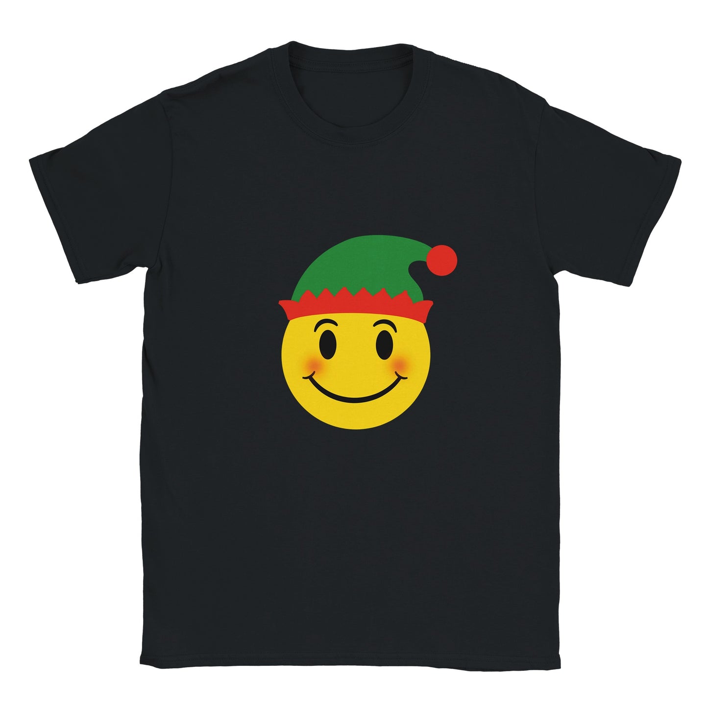 A black t-shirt with a happy Christmas elf emoji